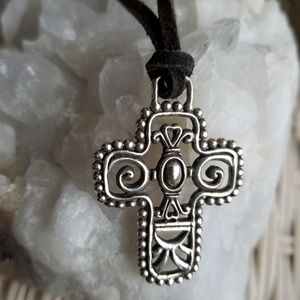 Sterling Silver Cross & Black Leather Necklace 18"